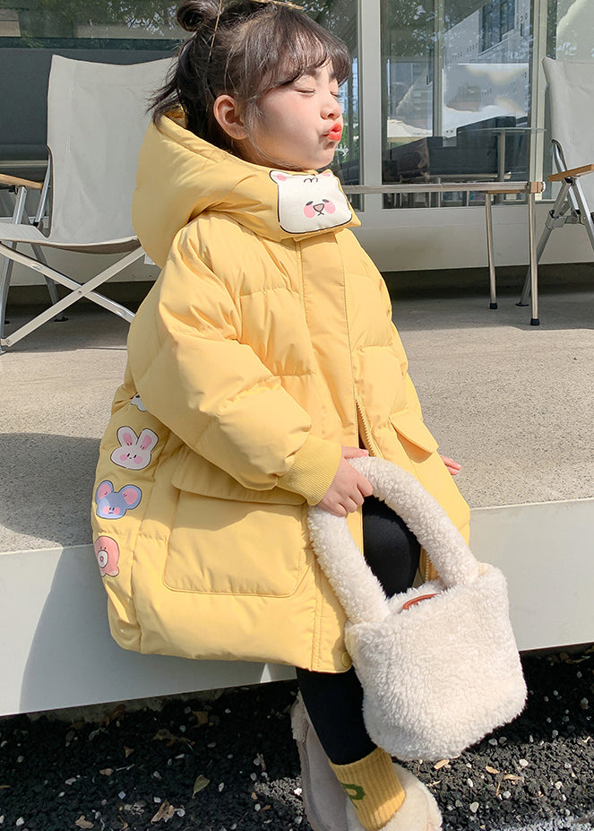 Casual Yellow Print Pockets Girls Hooded Parka Winter