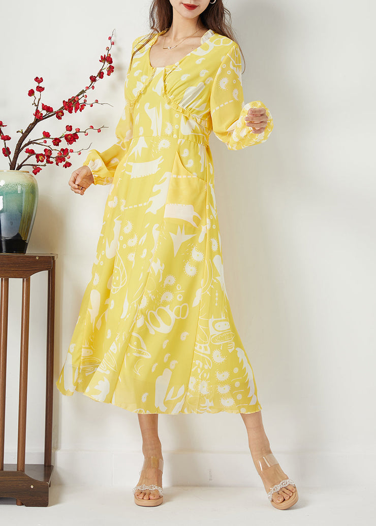 Casual Yellow Ruffled Cinched Print Chiffon Dress Summer