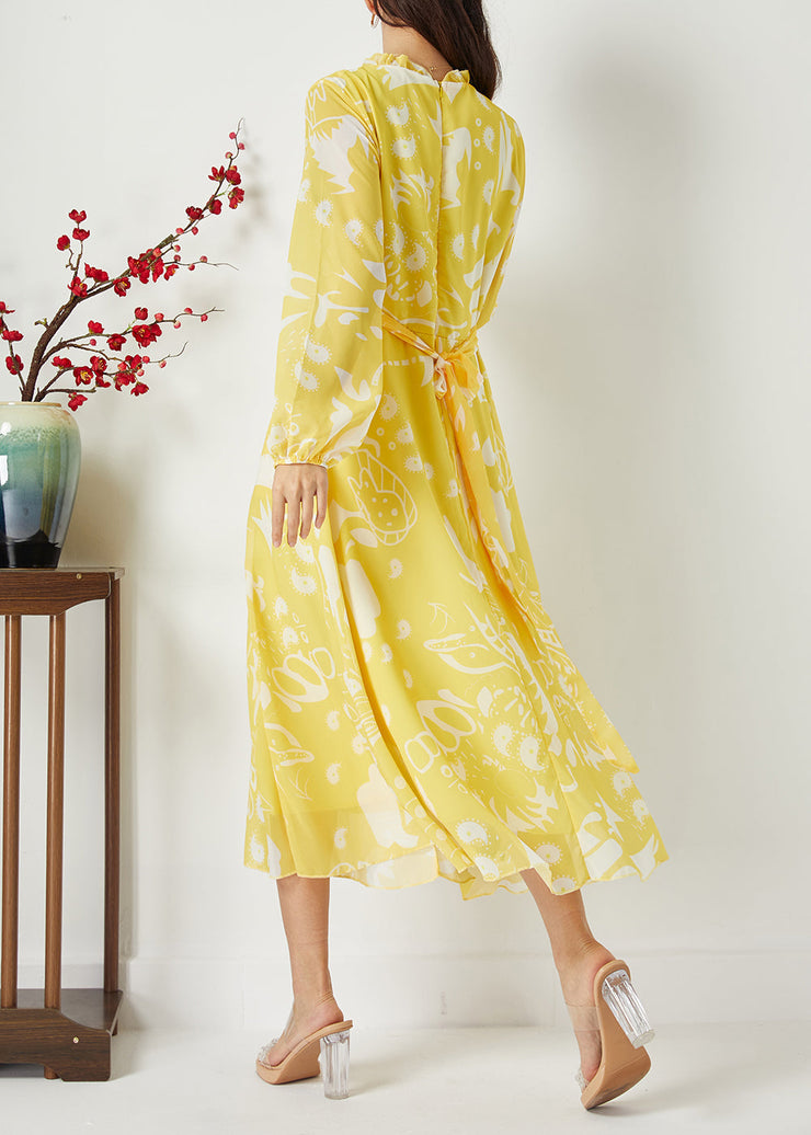 Casual Yellow Ruffled Cinched Print Chiffon Dress Summer