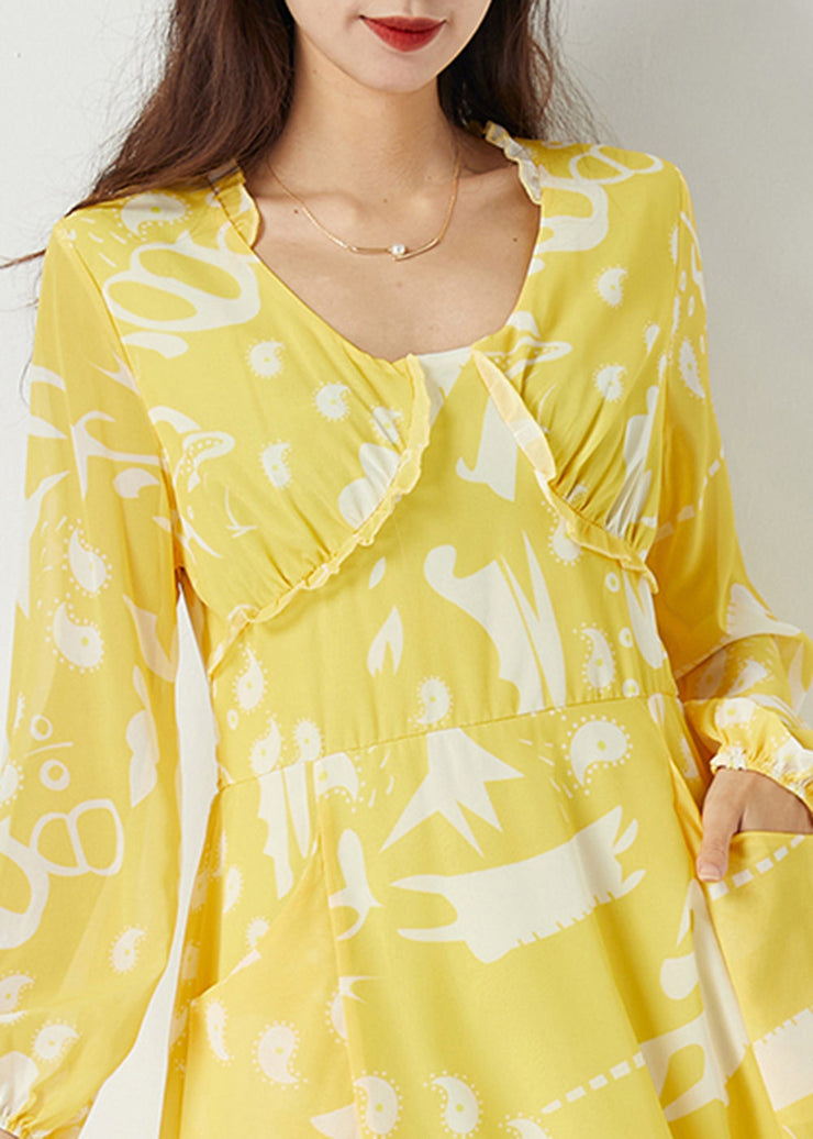 Casual Yellow Ruffled Cinched Print Chiffon Dress Summer