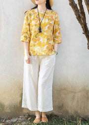 Casual Yellow Square Collar Print Linen T Shirts Top Summer