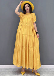 Casual Yellow Stand Collar Patchwork Button Maxi Dresses Short Sleeve