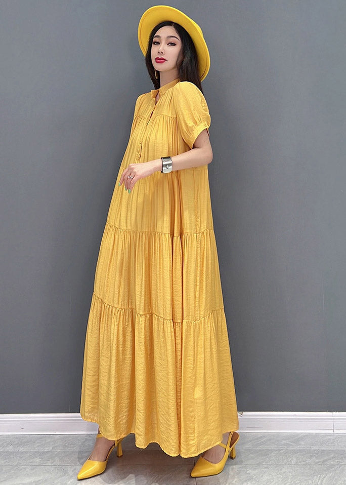 Casual Yellow Stand Collar Patchwork Button Maxi Dresses Short Sleeve