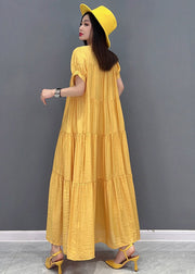 Casual Yellow Stand Collar Patchwork Button Maxi Dresses Short Sleeve