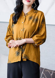 Casual Yellow Stand Collar Wrinkled Patchwork Print Silk Shirt Top Bracelet Sleeve