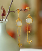 Casual Yellow Sterling Silver Jade Tassel Drop Earrings