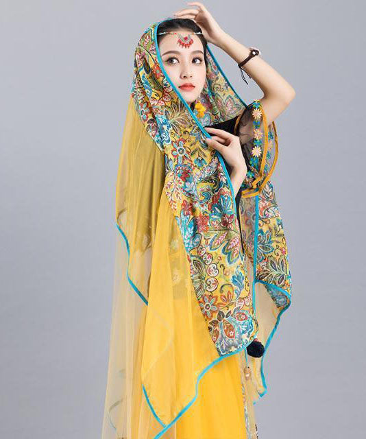 Casual Yellow Tasseled Print Chiffon Shawl