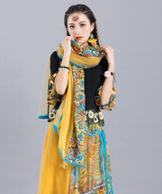 Casual Yellow Tasseled Print Chiffon Shawl