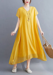 Casual Yellow V Neck Asymmetrical Design Cotton Maxi Dresses Summer