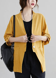 Casual Yellow V Neck Pockets Patchwork Cotton Cardigan Fall