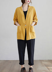 Casual Yellow V Neck Pockets Patchwork Cotton Cardigan Fall