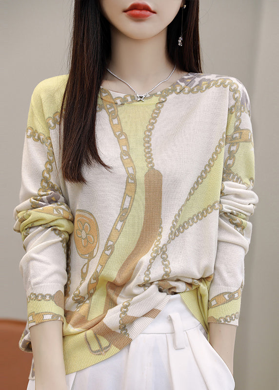 Chain Print Patchwork Silk Cotton Top O Neck Long Sleeve