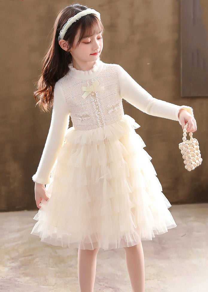 Champagne Button Knit Patchwork Tulle Girls Mid Dresses Fall