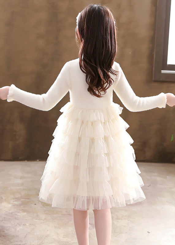 Champagne Button Knit Patchwork Tulle Girls Mid Dresses Fall