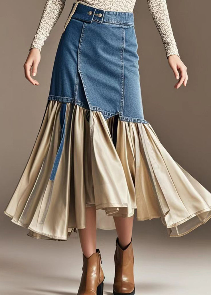 Champagne Patchwork Denim Wraped Skirts Wrinkled Fall