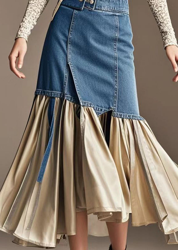 Champagne Patchwork Denim Wraped Skirts Wrinkled Fall