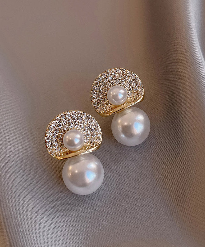 Chic 18K Gold Pearl Zircon Pearl Stud Earrings