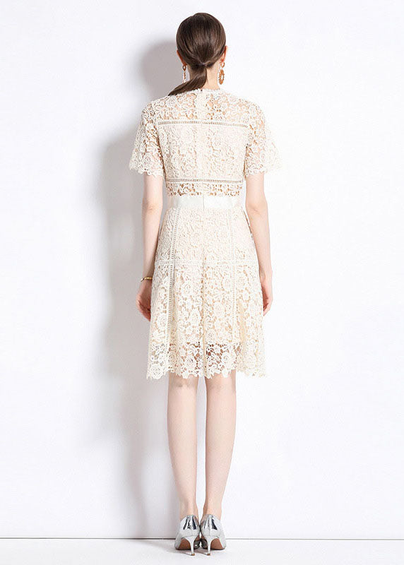 Chic Apricot Embroideried Hollow Out Patchwork Lace Mid Dress Summer