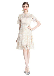 Chic Apricot Embroideried Hollow Out Patchwork Lace Mid Dress Summer