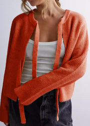 Chic Apricot O Neck Lace Up Knit Loose Coat Fall