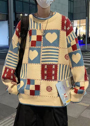 Chic Apricot O Neck Plaid Knit Mens Sweaters Winter