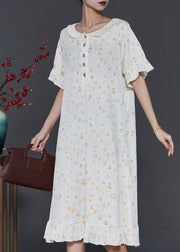 Chic Apricot O-Neck Print Cotton Robe Dresses Summer