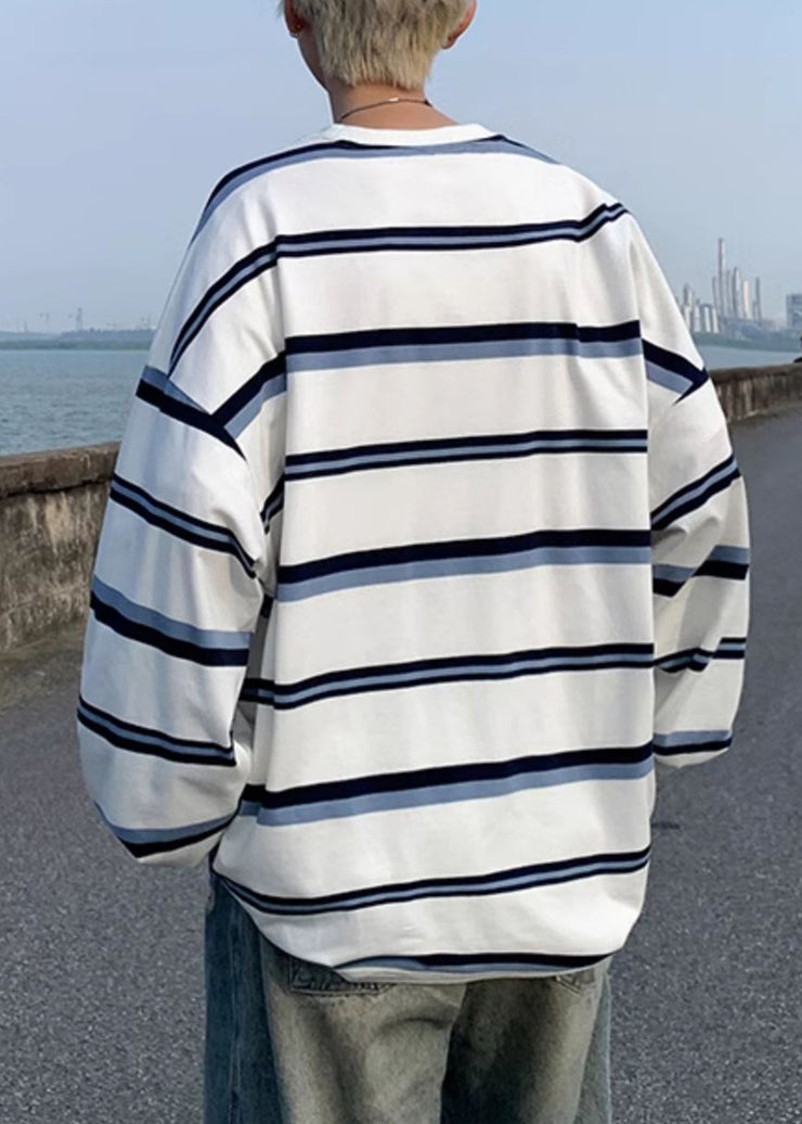 Chic Apricot O Neck Striped Cotton T Shirt Men Casual Clothing Fall