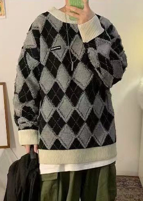 Chic Apricot Plaid Thick Patchwork Knit Men Sweaters Winter