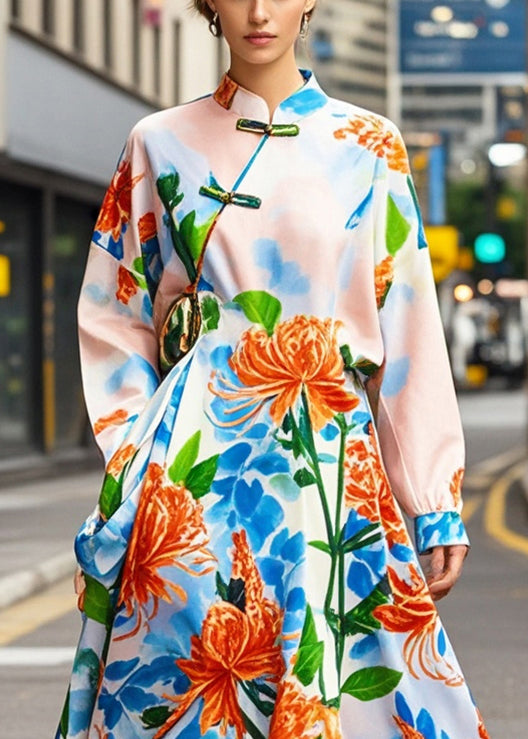 Chic Apricot Print Asymmetrical Design Silk Oriental Dresses Fall