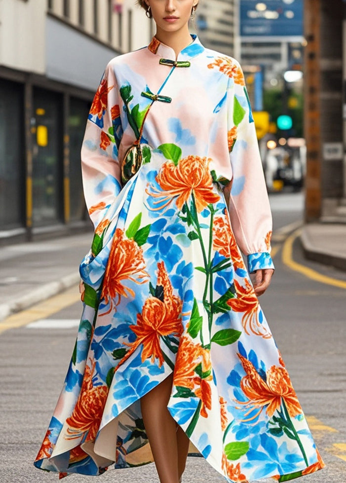 Chic Apricot Print Asymmetrical Design Silk Oriental Dresses Fall