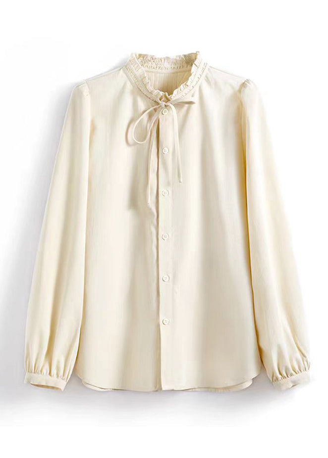 Chic Apricot Ruffled Patchwork Button Solid Shirt Fall