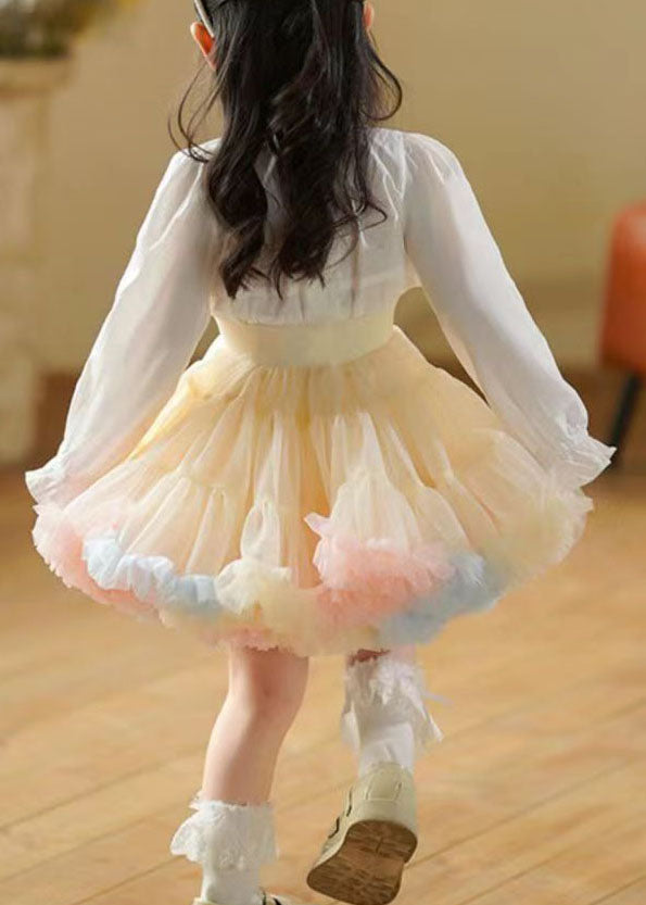 Chic Apricot Ruffled Patchwork Tulle Kids Girls Skirts Summer