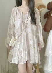 Chic Apricot V Neck Embroidered Silk Mid Dress Lantern Sleeve