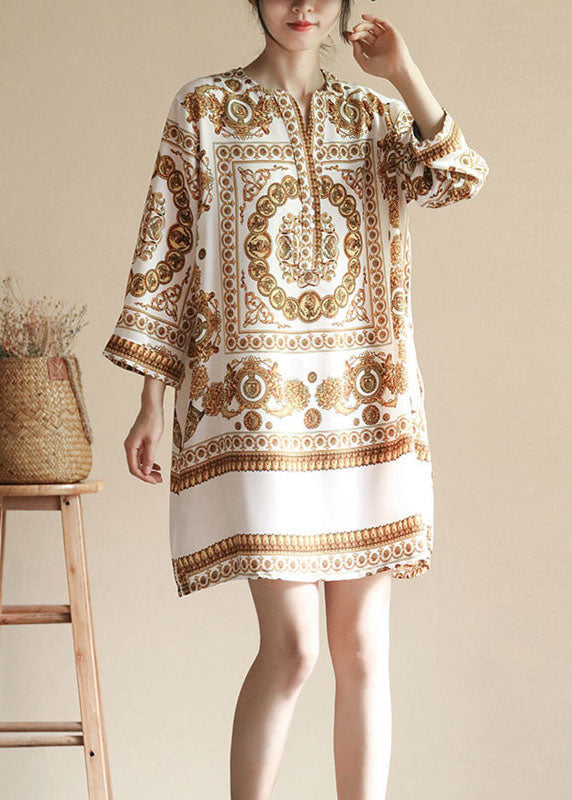 Chic Apricot V Neck Print Patchwork Silk Dresses Summer