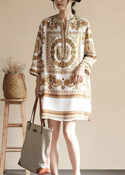 Chic Apricot V Neck Print Patchwork Silk Dresses Summer