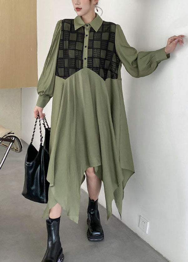 Chic Army Green Asymmetrical Patchwork Cotton Shirt Dresses Spring