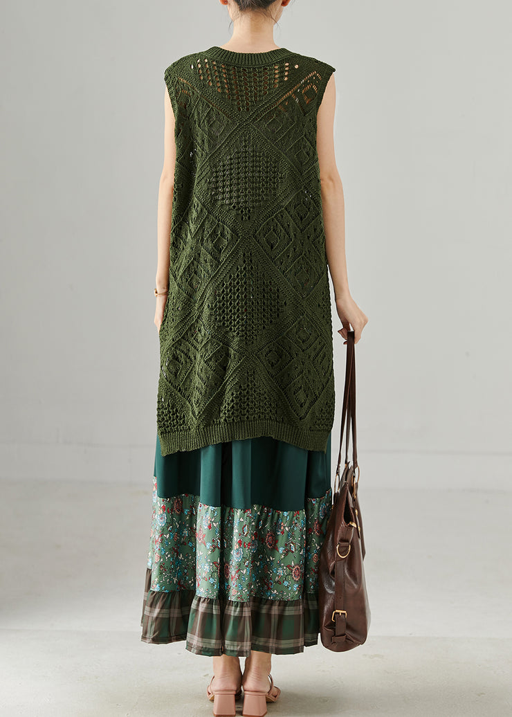 Chic Army Green Hollow Out Side Open Knit Dress Two Piece Set Summer