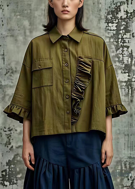 Chic Army Green Ruffled Cotton Blouse Tops Flare Sleeve