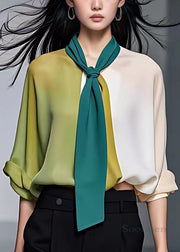 Chic Beige Asymmetrical Bow Patchwork Chiffon Blouses Fall