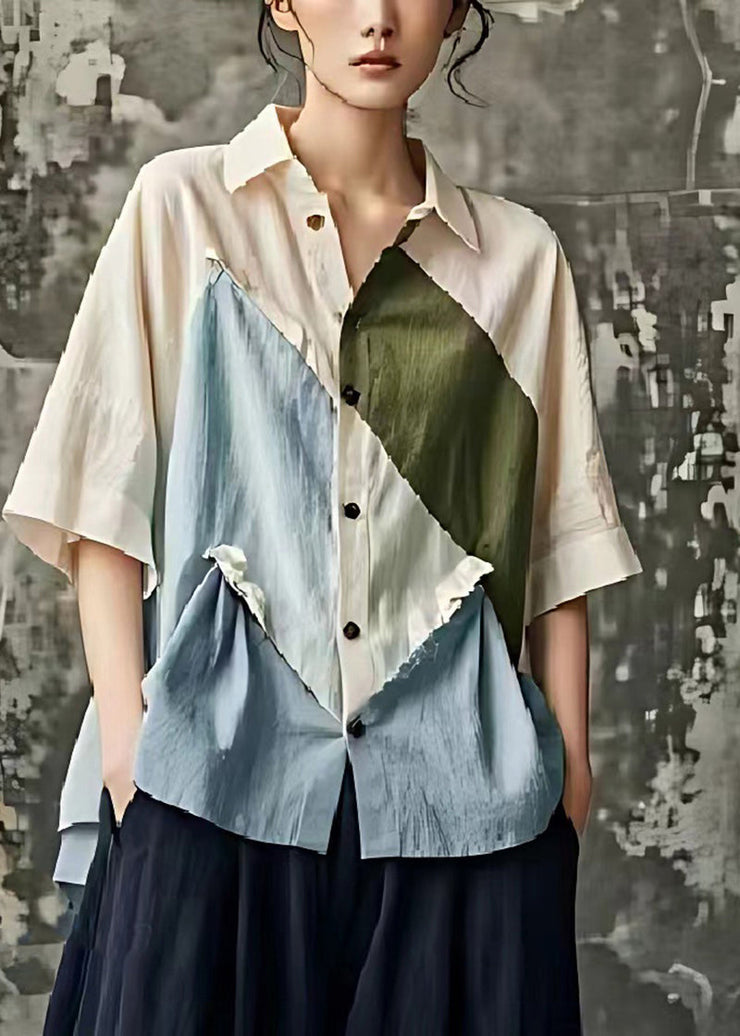 Chic Beige Asymmetrical Patchwork Wrinkled Linen Shirts Summer