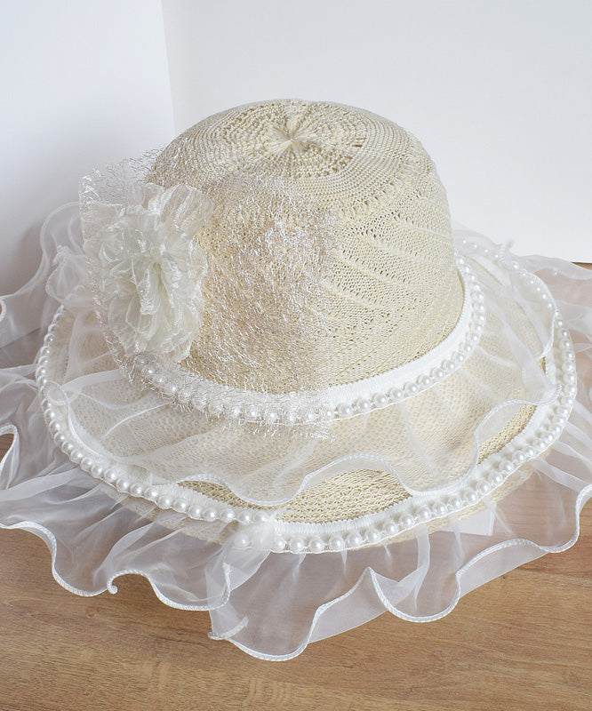 Chic Beige Lace Patchwork Pearl Floral Tulle Floppy Sun Hat