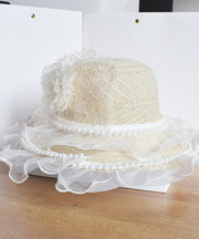 Chic Beige Lace Patchwork Pearl Floral Tulle Floppy Sun Hat