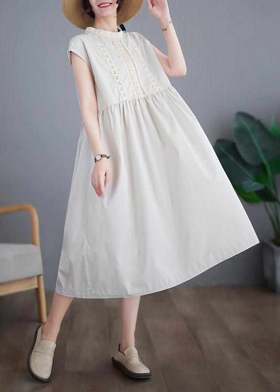 Chic Beige O-Neck Solid Cotton Long Dresses Short Sleeve