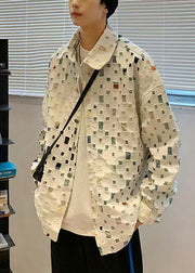 Chic Beige Peter Pan Collar Patchwork Cotton Mens Coat Fall