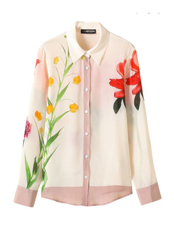 Chic Beige Peter Pan Collar Print Button Chiffon Shirt Spring