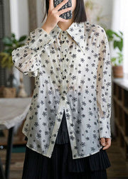 Chic Beige Peter Pan Collar Print Patchwork Chiffon Blouses Long Sleeve