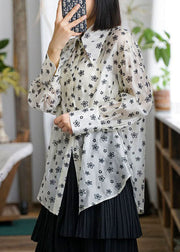 Chic Beige Peter Pan Collar Print Patchwork Chiffon Blouses Long Sleeve