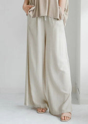 Chic Beige Pockets Elastic Waist Linen Crop Pants Spring