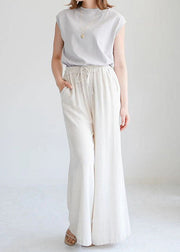 Chic Beige Pockets Elastic Waist Linen Crop Pants Spring