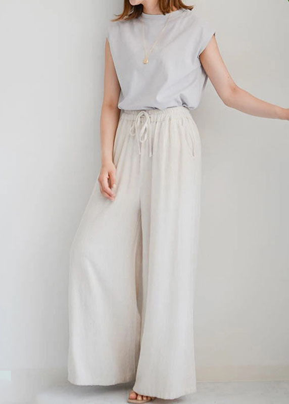 Chic Beige Pockets Elastic Waist Linen Crop Pants Spring